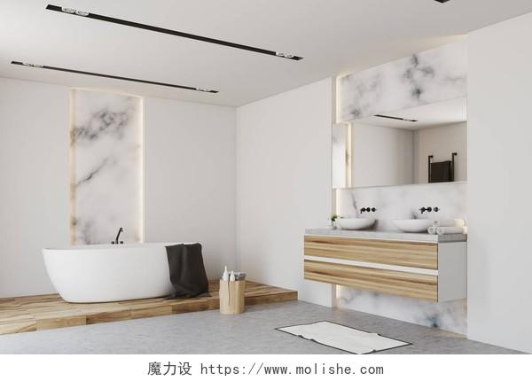 白色和大理石的浴室角落, 一个灰色的地板, 一个白色的浴缸, 一个双水槽, 和一个大镜子。3d 渲染